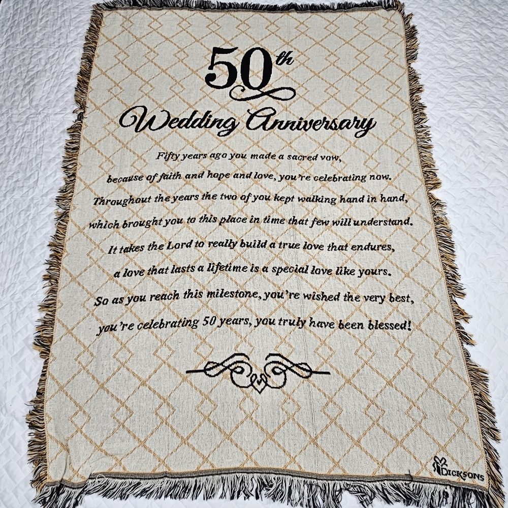 50th WEDDING ANNIVERSARY THROW BLANKET 48 x 68" ALL COTTON TAPESTRY DICKSONS